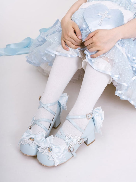 Blue Sweet Lolita Bowknot Details Crisscross Design Heart Buckle Straps 5CM Block Heels Shoes