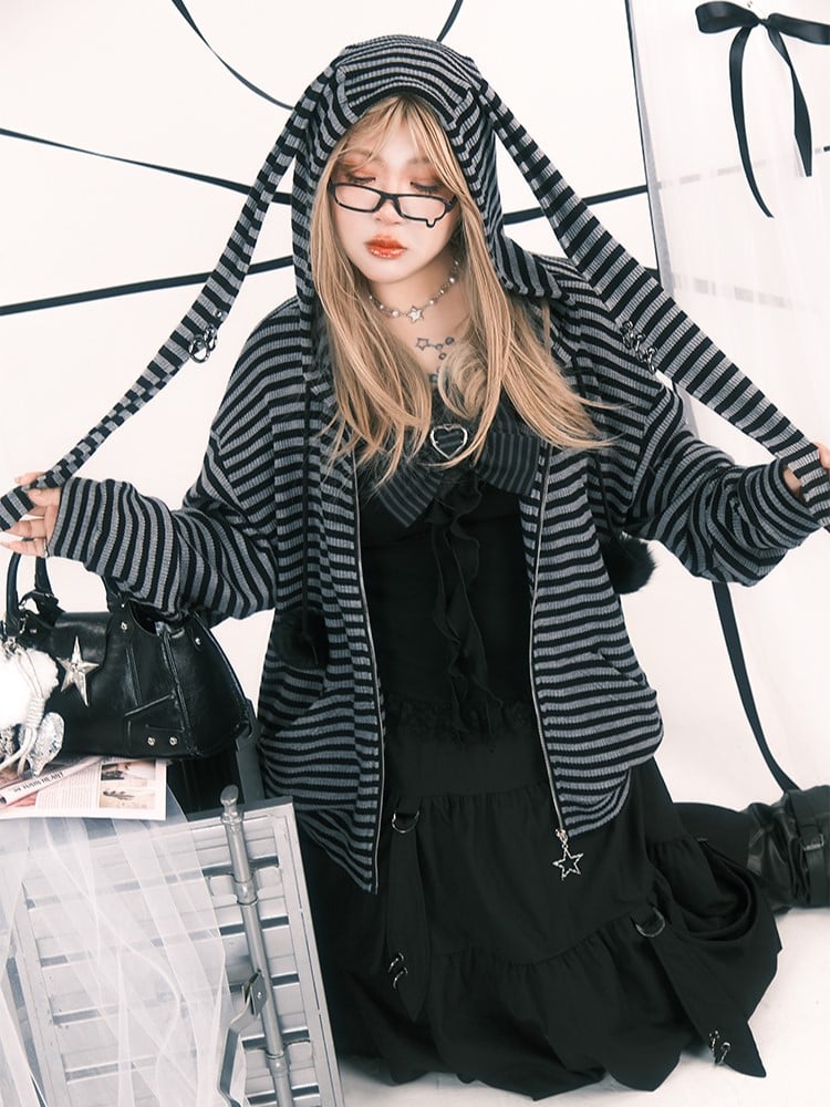 Plus Size Black & Gray Stripes Bunny Hoodie Jacket with Pompon Drawstrings