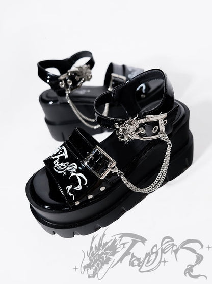 Dragon-shaped Buckle Polished Black Punk Platform Sandals Detachable Chains