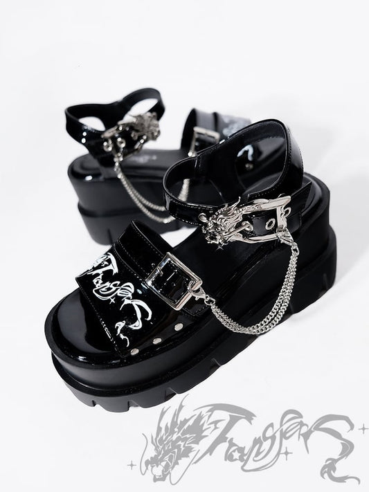 Dragon-shaped Buckle Polished Black Punk Platform Sandals Detachable Chains