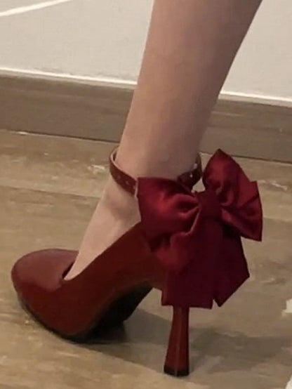 Wine Red Detachable Bow Lolita High Heels