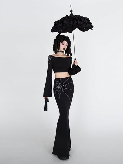 Gothic Black Spiderweb Embroidery Bell Sleeves Cropped Top
