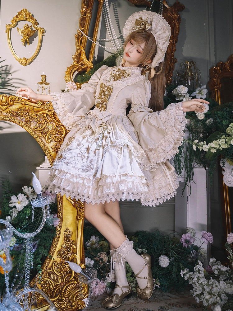 Candle and Candlestick Embroidery Cream Bell Sleeves Velvet Dress Lolita OP / Set