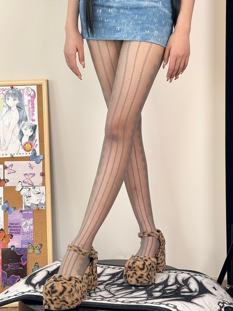 Black/White/Gray/Brown Striped Pattern Tights