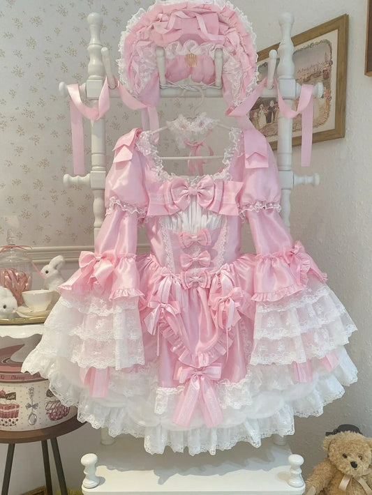 Clearance-Size S for Bust 84-90CM Light Pink Bow Accents Sweet Old School Lolita Princess Dress with Detachable Bell Sleeves