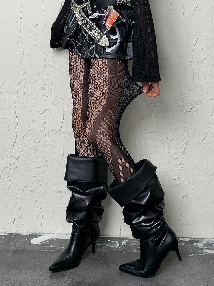 Black Y2K Asymmetrical Design Hollow-out Tights