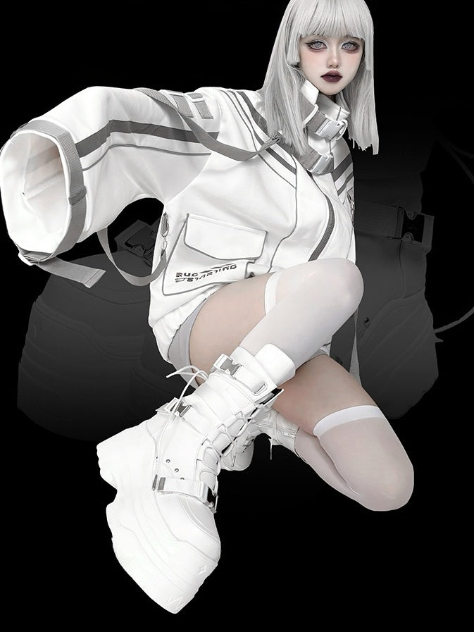 Matte White Punk Stud Bandage Design Lace-up Details Platform Boots