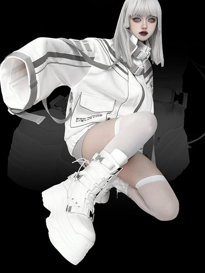 Matte White Punk Stud Bandage Design Lace-up Details Platform Boots