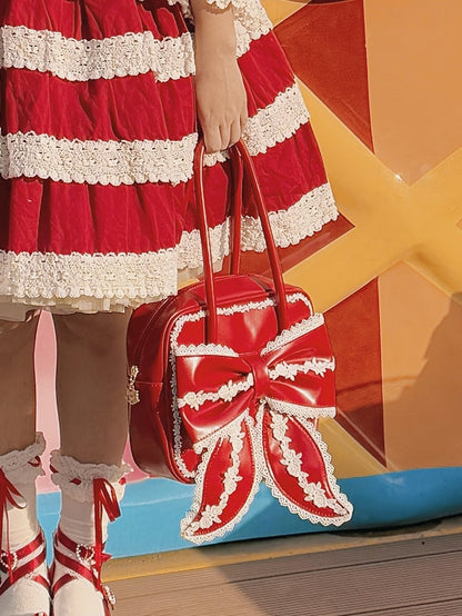Red Lace Trim Bowknot Design Hand Bag