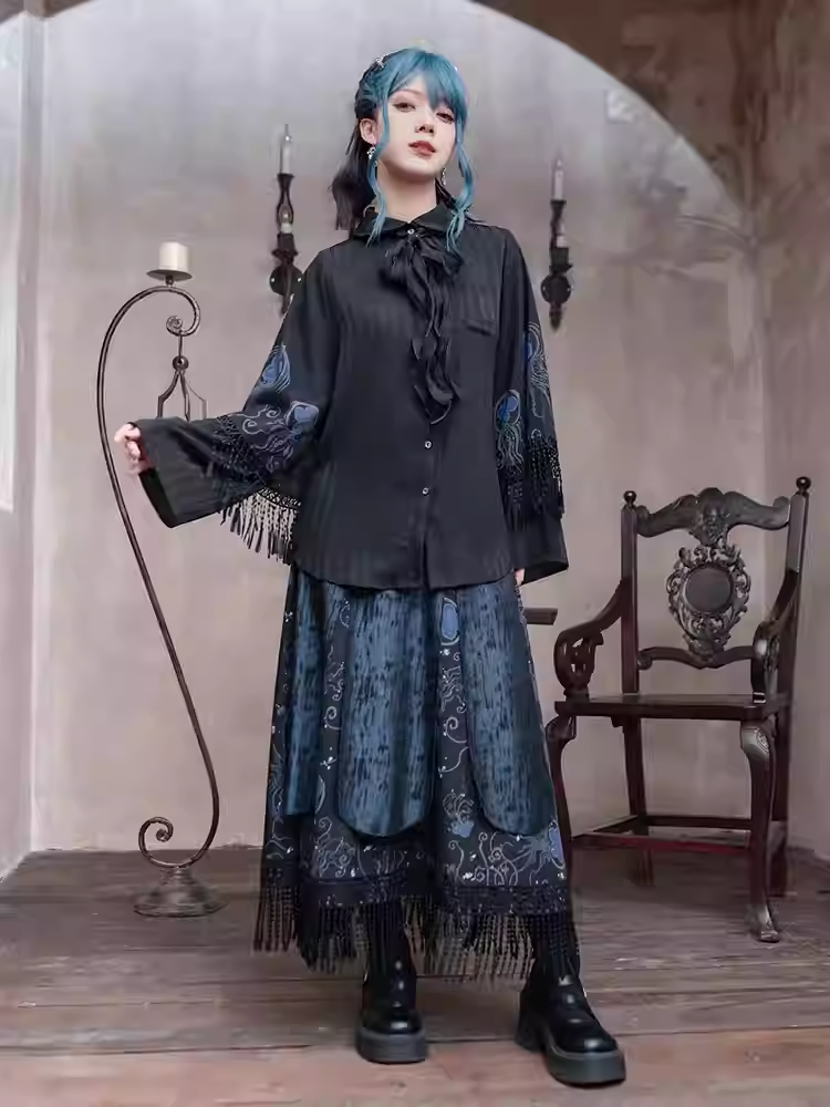 Blue Jellyfish Print Tassel Hem Black Cheongsam Style Skirt Overalls with Detachable Straps