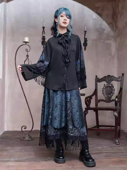 Blue Jellyfish Print Tassel Hem Black Cheongsam Style Skirt Overalls with Detachable Straps