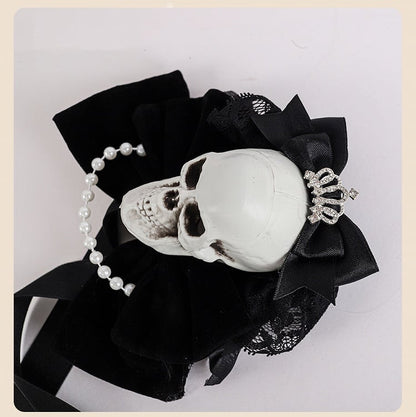 Rhinestoned Crown Black Gothic Halloween Skeleton Bowknots Hairclips