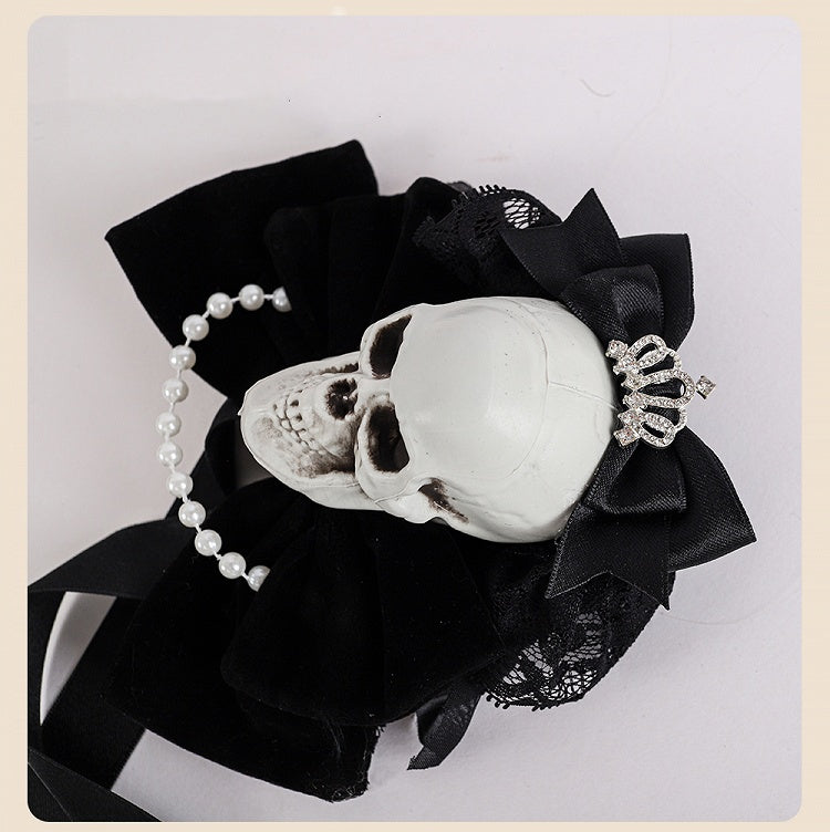 Rhinestoned Crown Black Gothic Halloween Skeleton Bowknots Hairclips