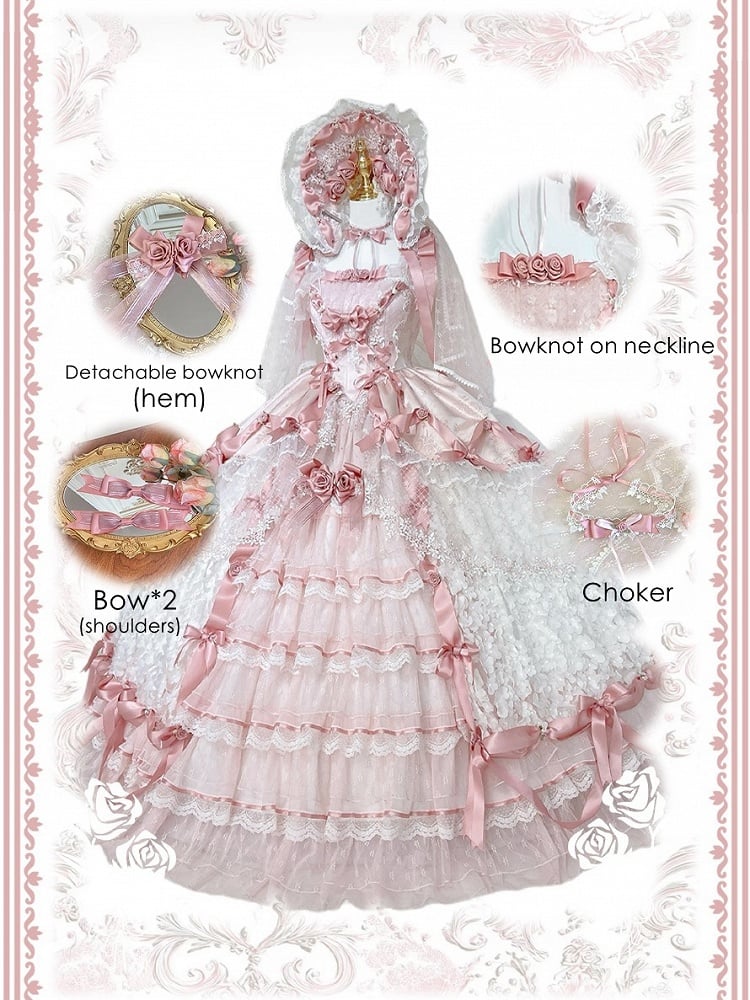 Pink Hanayome Lolita Hime Wedding Dress with Corset Waist and Rose Bow Accents Long Version