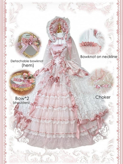 Pink Hanayome Lolita Hime Wedding Dress with Corset Waist and Rose Bow Accents Long Version