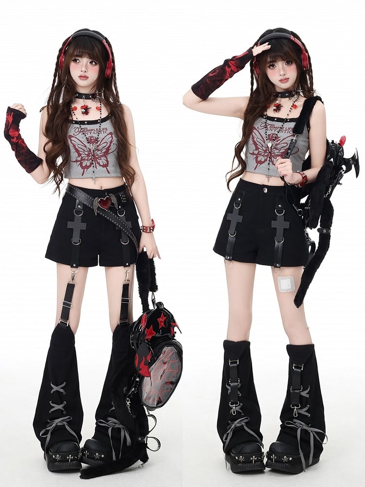 Black Cross Embellished Shorts with Lace-up Detail Detachable Leg Warmers