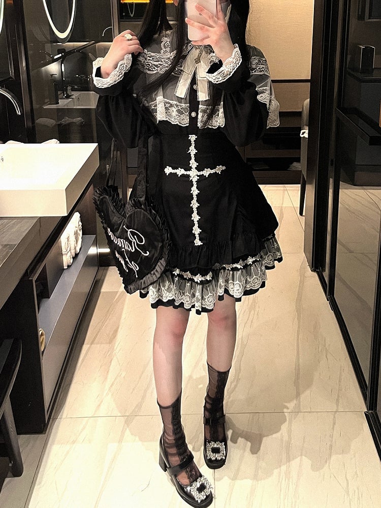 Jirai Kei White/Black/Pink Rose Cross Embroidery Landmine Style High Waist Lace Hem Skirt