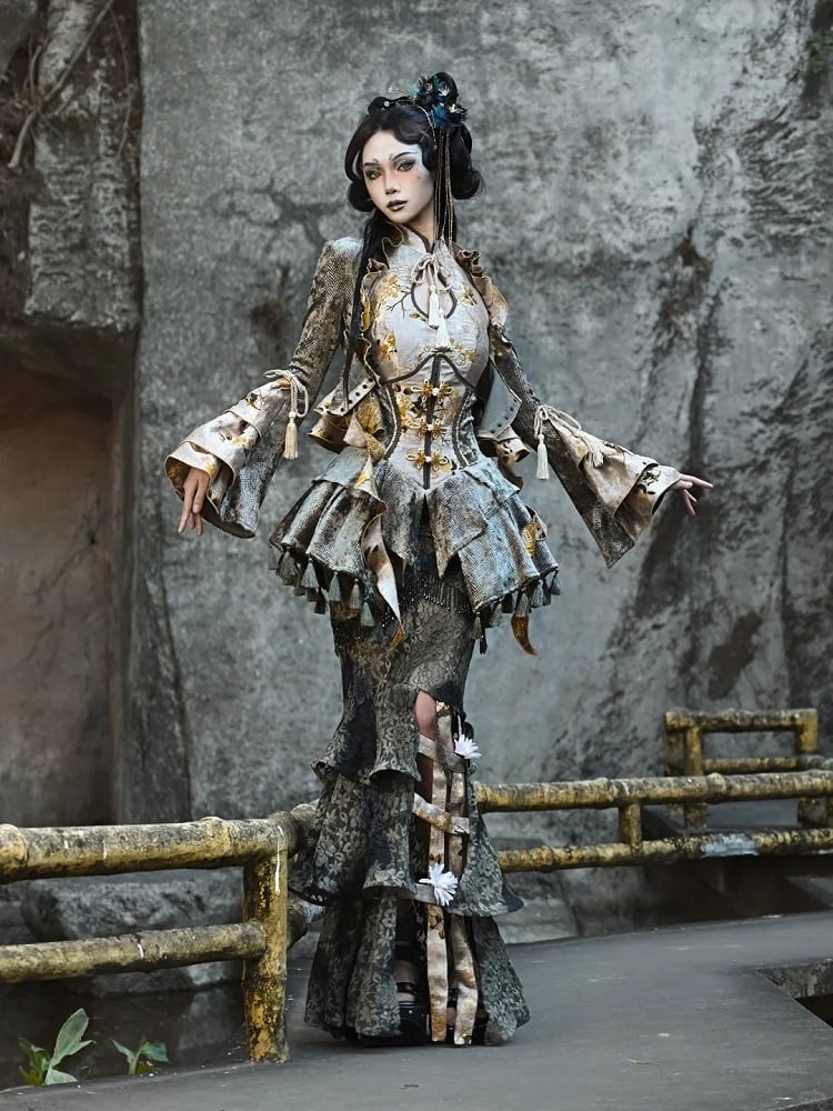 Chinoiserie Knot Buttons Boned Corset Tassels Hemline