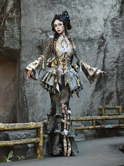 Chinoiserie Knot Buttons Boned Corset Tassels Hemline