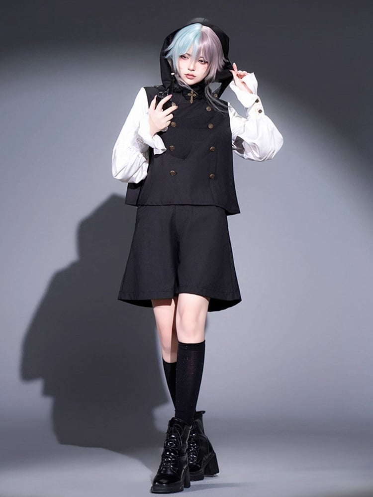 Ouji Lolita White and Black Five-Piece Set - Lace Collar Top + Detachable Pointed Hood + Ribbons + Shorts + Garter
