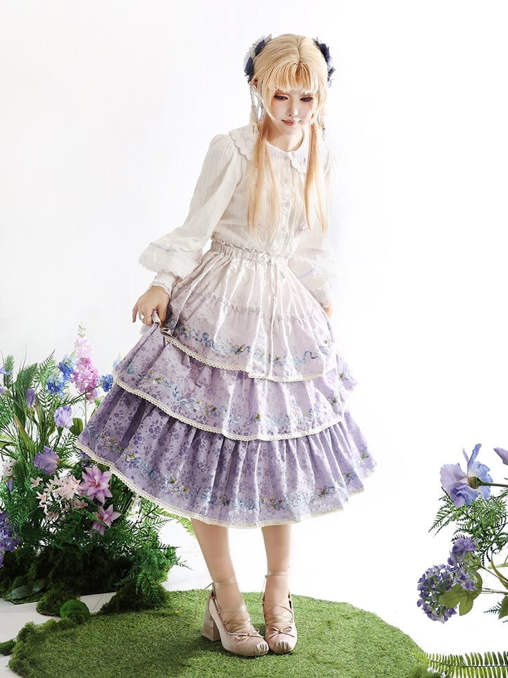 Ombre Violet Delicate Iris Embroidery Tiered Skirt