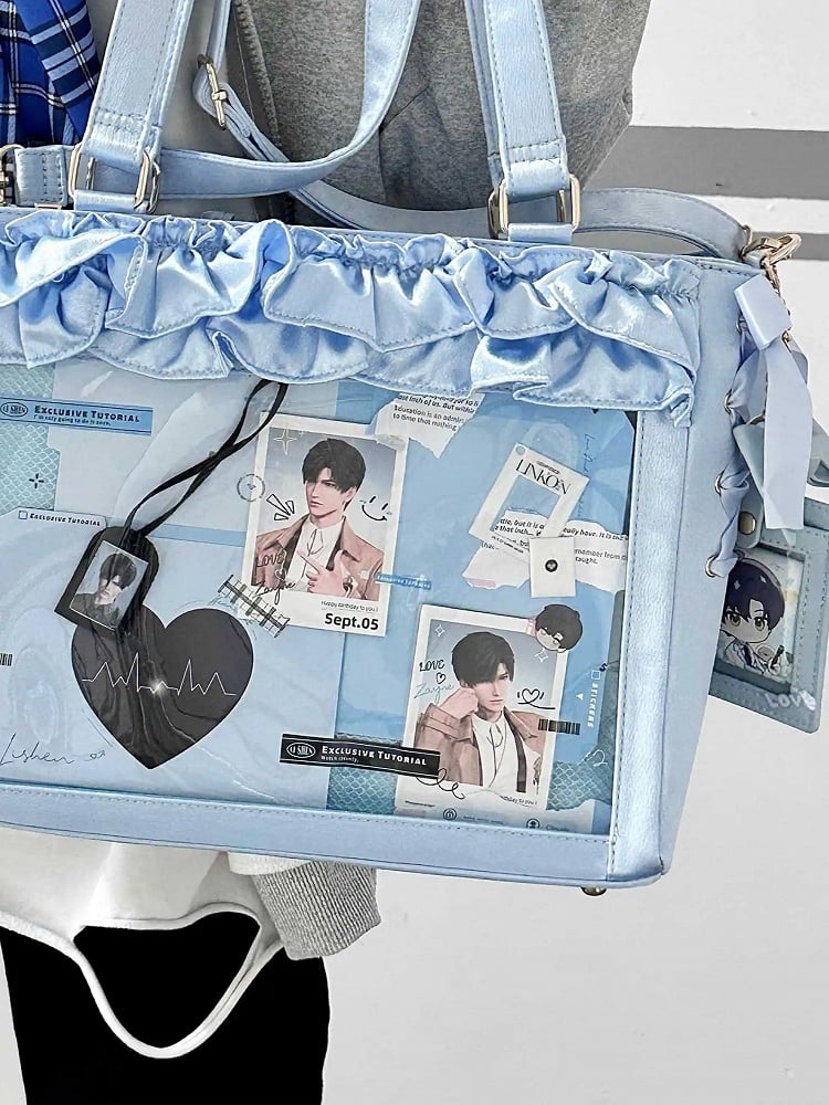 Blue Satin Ruffle Trims Self-tie Straps Ita Bag With Bow Card Holder