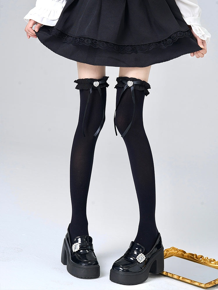 White/Grey/Black Jirai Kei Heart-shaped Rhinestone Bowknot Ruffled Cuff Overknee Stockings