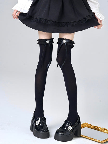 White/Grey/Black Jirai Kei Heart-shaped Rhinestone Bowknot Ruffled Cuff Overknee Stockings