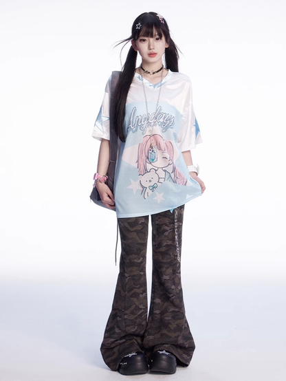 Blue and White Colorblock Design V-Neck Cartoon Girl Print Loose T-shirt