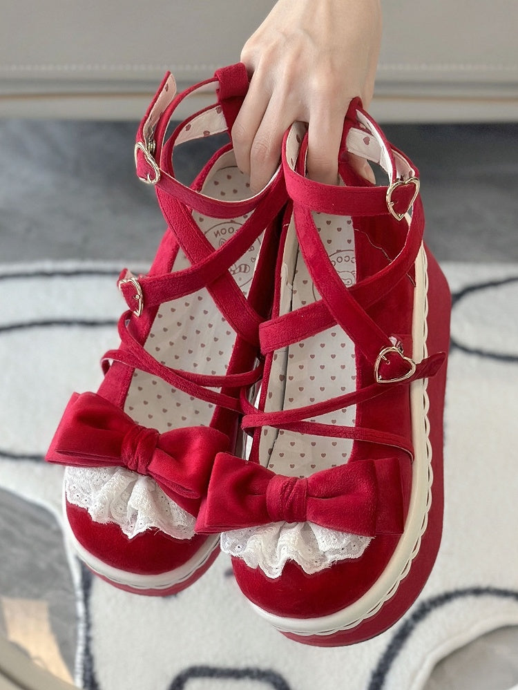 Red Velvet Mary Janes for Lolita - Lace Accented Bow with Romantic Clasp & Crisscross Design