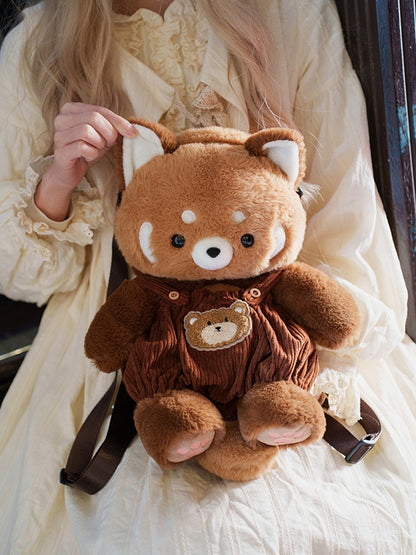 Brown Cute Plush Red Panda Backpack + Overall Pants Middle/Large Size