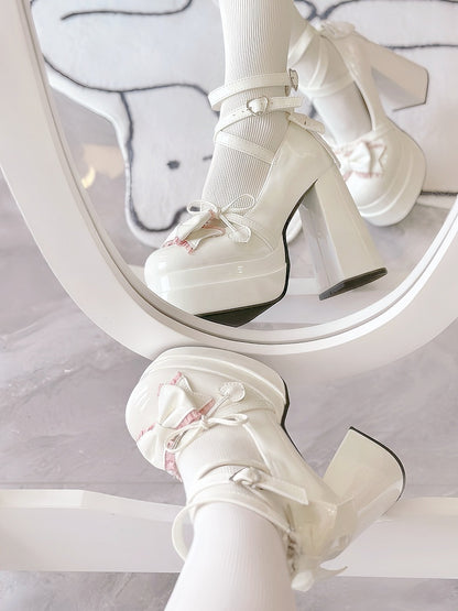 White Lace Trim Bow at Top Heart Buckles Crisscross Design Platform High Block Heels