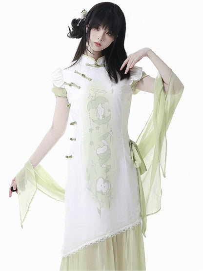 Green Apple Print Cheongsam Style Banded Collar Knot Buttons Qipao Dress