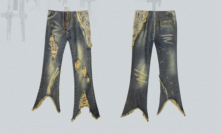 Lace-up Detail Blue Distressed Holes Faded Wash Punk Jeans Raw Hem