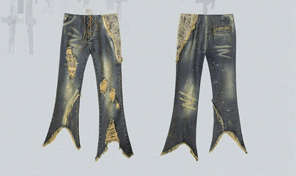 Lace-up Detail Blue Distressed Holes Faded Wash Punk Jeans Raw Hem