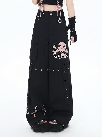 Black/Grey/Pink Skeleton and Cross Print Cargo Pockets Wide-Leg Pants