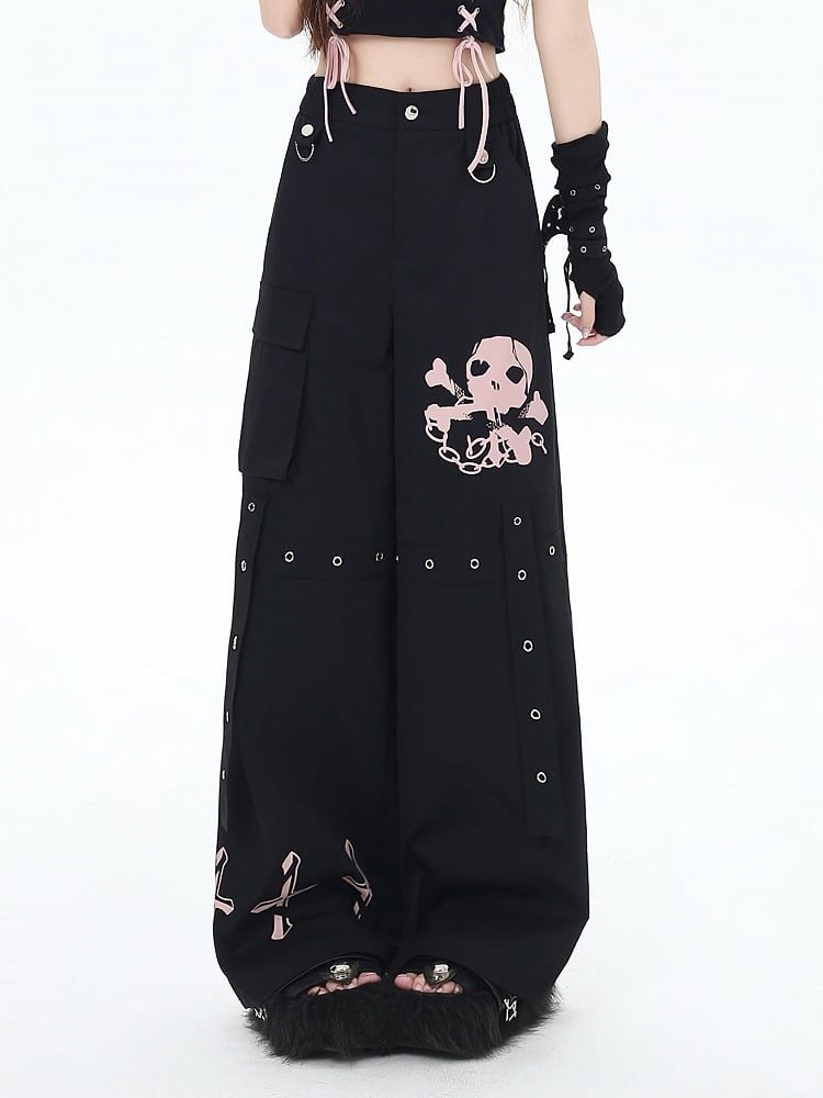 Black/Grey/Pink Skeleton and Cross Print Cargo Pockets Wide-Leg Pants