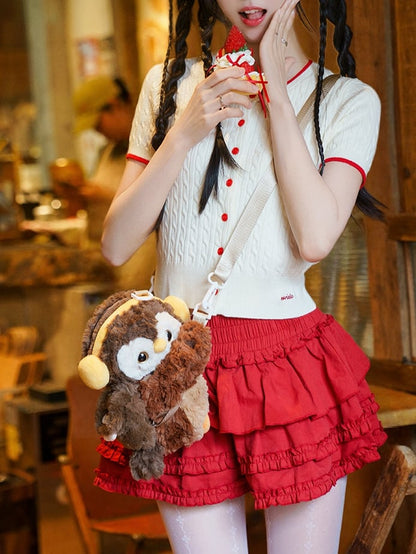 Brown Cute Plush Owl Backpack/Crossbody Bag+ Keychain