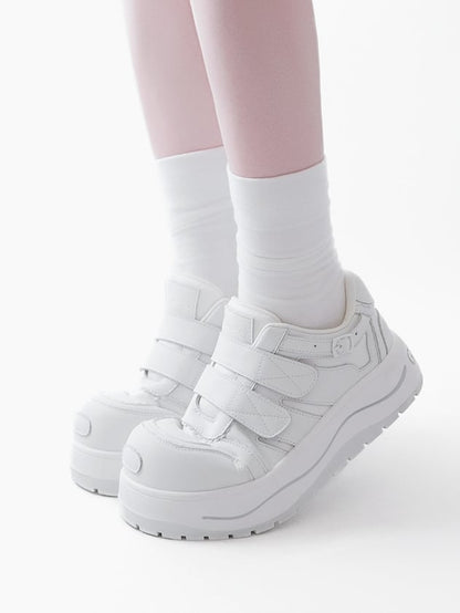 White Velcro Strap Closures Platform Sneakers