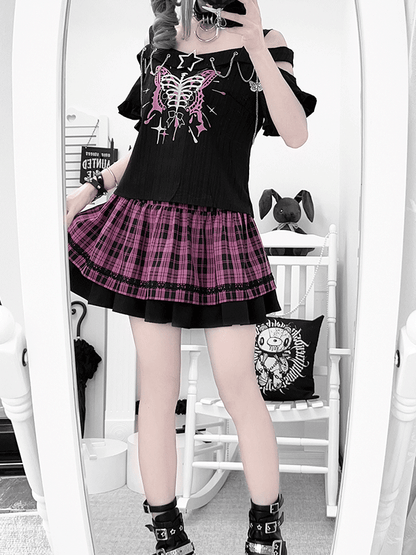 Y2K Chains Embellished Neckline Butterfly Print Black T-shirt with Pink Plaid Skirt Set