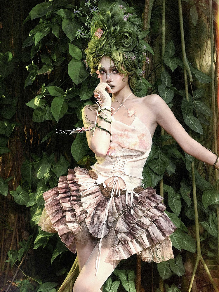 Brown Low Waist Fairy Goth Tie Dye Tiered Ruffles Skirt with Shorts Lining