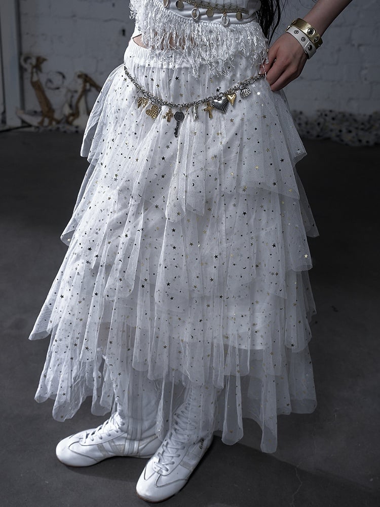 Black/White/Apricot Elastic Waist Sequin Details Tiered Mesh Skirt