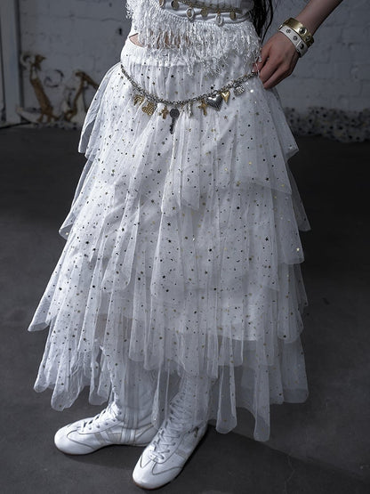 Black/White/Apricot Elastic Waist Sequin Details Tiered Mesh Skirt