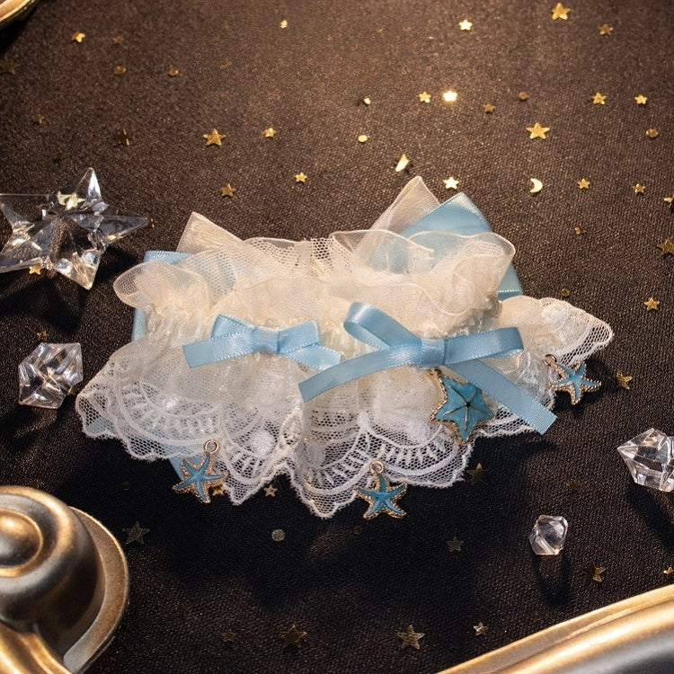 White/Blue/Purple/Purple&Blue Hollow-out Calf Socks With Starfish Charm Detachable Lace Cuffs