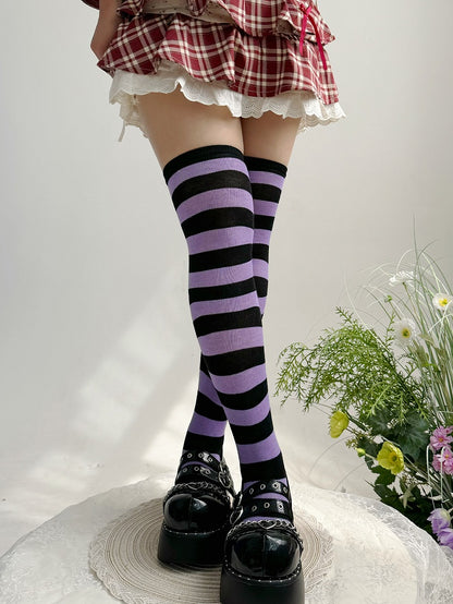 Black&Purple/Black&Gray Striped Pattern Lolita Over Knee Stockings
