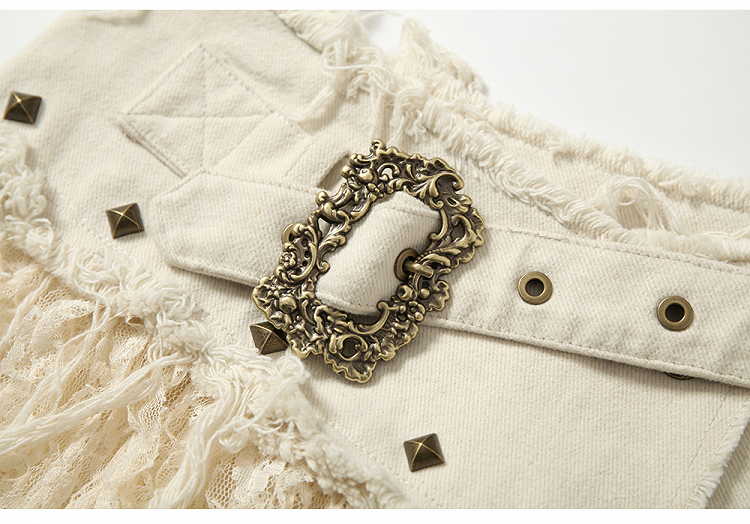 Beige Lace Asymmetrical Hem Skirt with Distressed Trim and Buckle Detail