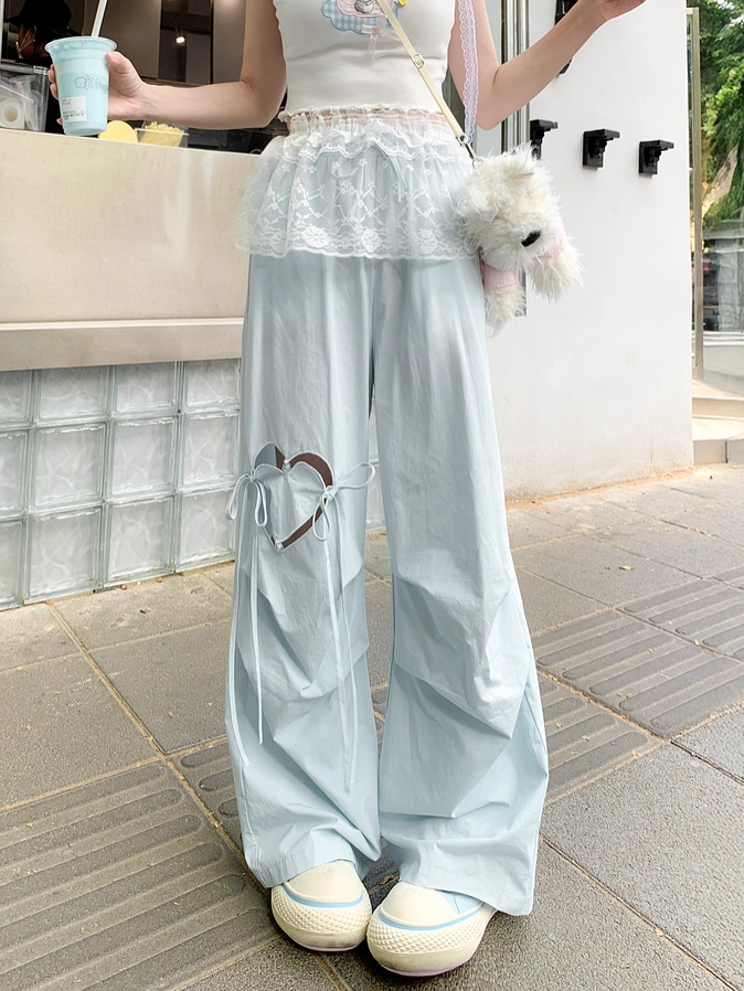 Blue/Pink Drawstring Waist Heart-shaped Cutout Wide-leg Pants