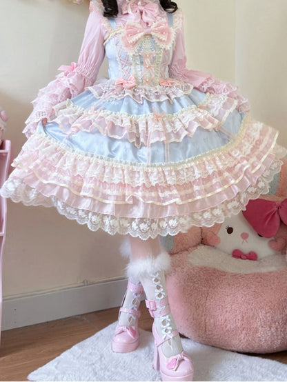 Blue Bead Chain Bows Decorated Hanayome Lolita Princess Dress