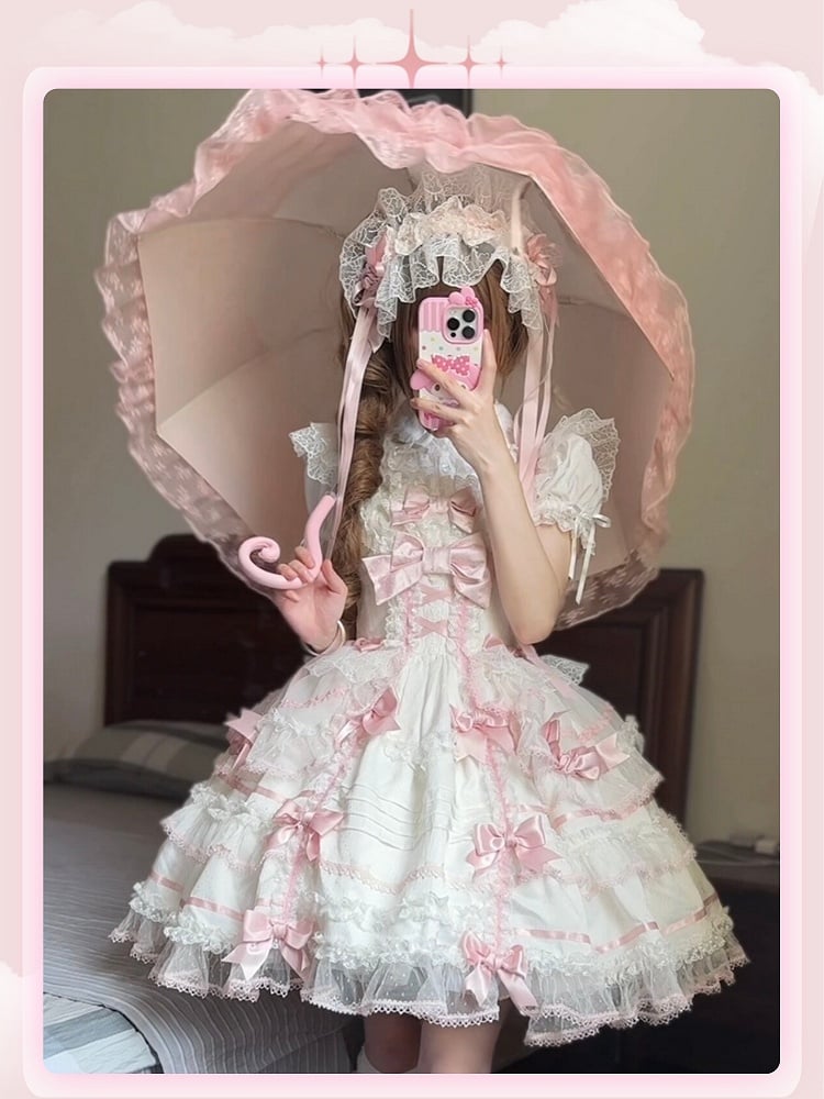 White and Pink Sweet Bow Accents Princess Lolita Jumper Skirt