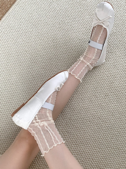 Beige Striped And Polka-dot Pattern Calf Socks